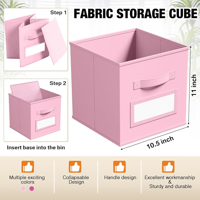 Teenyyou 10 Pack Fabric Storage Cubes 11 Inch Collapsible Cube Bins with Label Window & Handle Foldable Organizers Baskets for Shelf Closet Nursery Kids Room Clothes Book Toy(Pink, Rose Red) - Image 3