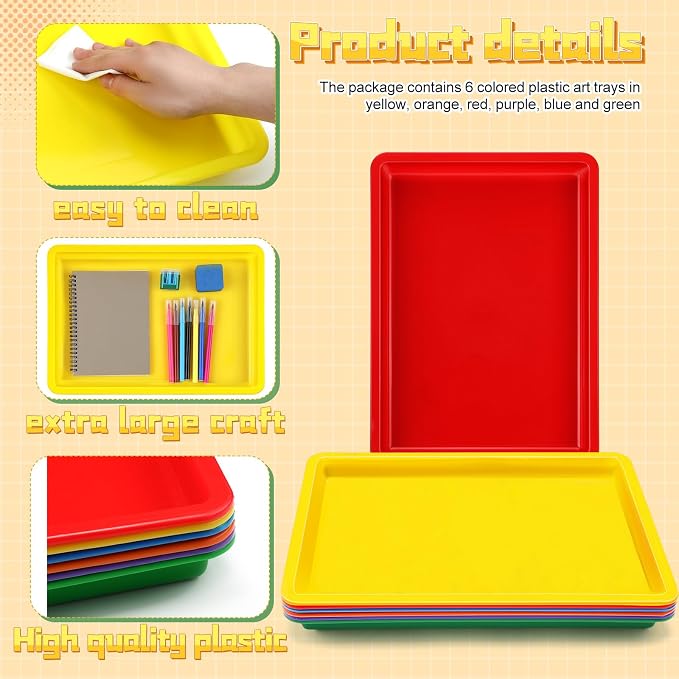 6 Pack Large Plastic Art Trays for Classroom, 16x12x1 Inch,Rainbow | Plastic Paint Trays for Kids Craft Activity Sensory Play Stackable Organizer for Preschool Art Projects Jewelry Beads Sorting - Image 3