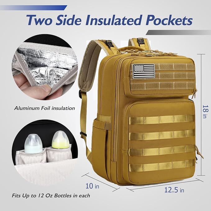 Large Dad Diaper Bag Backpack, Tactical Style, Brown | Stroller Clips, Luggage Sleeve for Travel, Insulated Pockets - Image 3