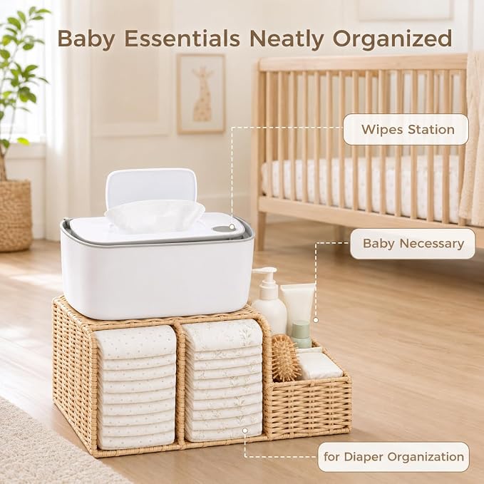Rattan Diaper Caddy Organizer for Changing Table | Hand Woven Nursery Storage Basket for Baby Essentials, Baby Changing Table Organizer Perfect Nursery Assistant - Image 4