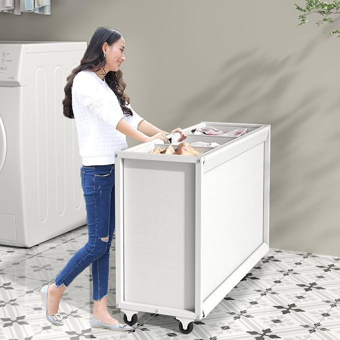 Laundry Hamper Laundry Basket with 3 Section Pull-Out Rolling Bags, Laundry Sorter for Organization and Storage with 2 Pull-Out Drawers for Laundry Room (White, 32.68'' x 31.81'' x 12.6'') - Image 5