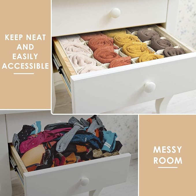 3 Pack Sock Underwear Drawer Organizer Dividers, 64 Cell Fabric Foldable Cabinet Dresser Closet Organizers and Storage Boxes for Organizing Socks, Underwear, Ties (16+24+24 Cell, Beige) - Image 5