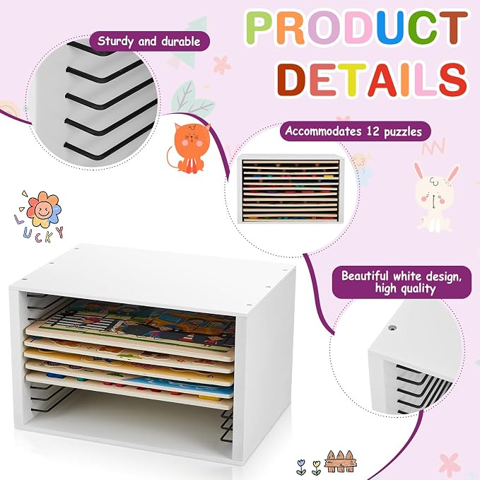Puzzle Holder Rack, Set of 2, 12-Tier Wooden Jigsaw Puzzle Organizer Rack with Metal Interior, Stackable Storage Case Box Holder Space Saving Desktop Shelf, 24 Total Slots - Image 4
