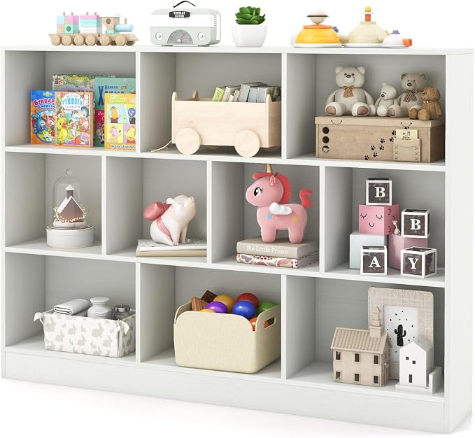 HONEY JOY Kids Toy Storage Organizer, 10-Section Wooden Floor Storage Cabinet, 41” Daycare Toy Chest, 3-Tier Kids Display Bookshelf for Classroom, Playroom & Nursery, Kindergarten (White) by HONEYJOY