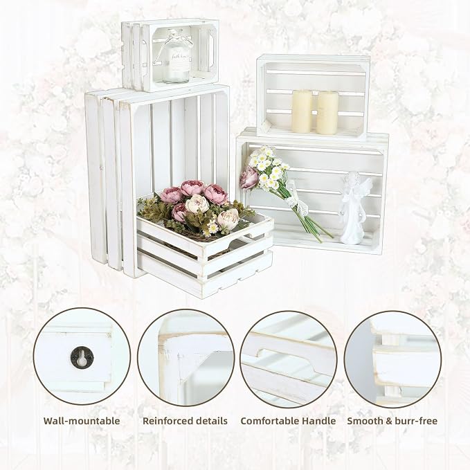 5-Piece Rustic White Wooden Crates Set, Wall Mountable Slatted Storage Crates with Handles, Farmhouse Wooden Crates for Display & Organizer for Home Decor - Image 2
