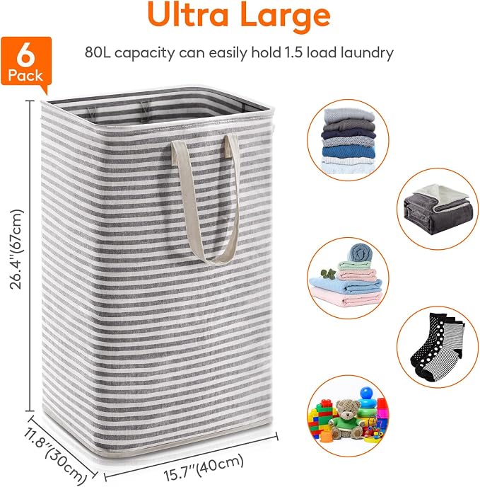 Lifewit 6 Pack Laundry Basket 80L Each, Collapsible Clothes Hamper with Reinforced Handles, Freestanding Waterproof Design for Bedroom and Laundry Room, Black 480L Total - Image 3