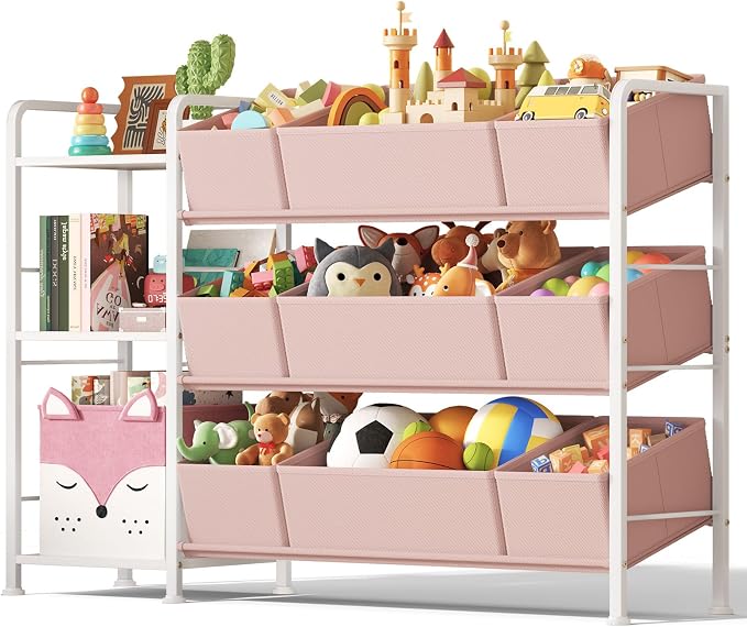 BBLIKE Kids Bookshelf and Toy Storage Organizer with 9 Removable Fabric Bins, Kids Book Shelf & Stuffed Animal Storage Rack for Playroom, Bedroom, Nursery, Pink by BBLIKE