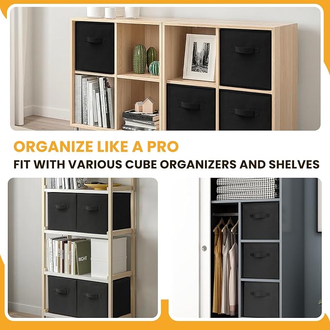 Large Storage Cubes- 13 Inch Cube Storage Bins for Organizing Shelves Kallax - Nursery Closet Organization Bins for Clothes Blanket - 10 Pack Collapsible Decorative Storage Box for Magazines (Black) - Image 3