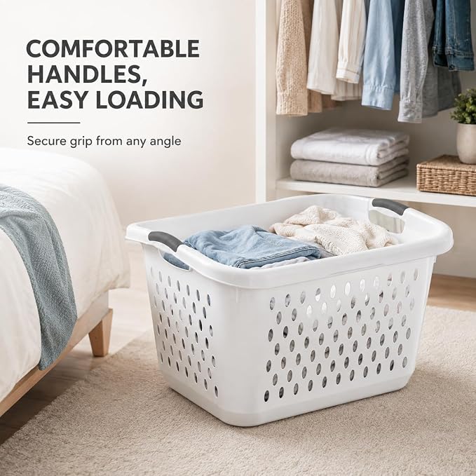 Laundry Basket 2.7 Bushel Extra Large Plastic with Handles White | Two Comfortable Carry Handles – Durable handles for secure grip from any angle. Makes transporting heavy loads easy. - Image 8