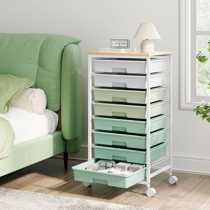Storage Cart with 8 Drawers, Utility Cart with White Drawers and Wooden Tabletop, Craft Cart, Teacher Organization for Classroom, Storage Furniture, Office Organization, Green | Utility Cart on Wheels with Wooden Tabletop,Teacher Organization for Class... by TOOLF
