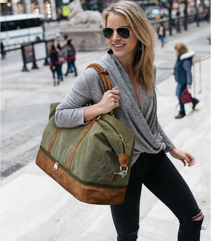 S-ZONE Weekender Bags for Women and Men Travel Duffel Bags with Shoe Compartment Overnight Carry on Duffle Tote Bag | Soft Canvas and Leather Trim, with Toiletries Bag,Carry-on Size,Trolley Sleeve,Adjustable Shoulder Strap,Shoe Compartment - Image 7