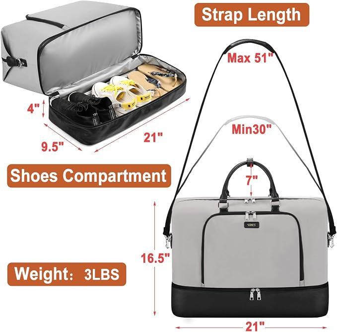 TIBES Travel Weekender Bag for Women, Overnight Bag with Shoe Compartment | 3PCS Large Travel Duffel Bag for Gym, Travel, Hospital, Business Trip, Carry On Tote, Wet & Dry Separation, Water Resistant - Image 6