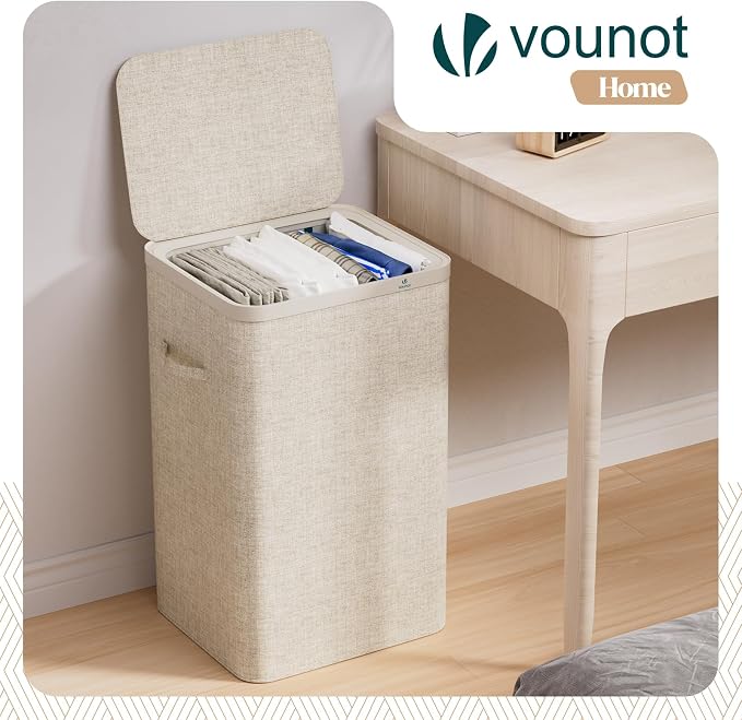 VOUNOT® 90L Laundry Basket with Lid, Rectangular Laundry Hamper with Removable Bag & Handles, Foldable Laundry Bin for Bedroom, Bathroom, Utility Room, Beige - Image 2