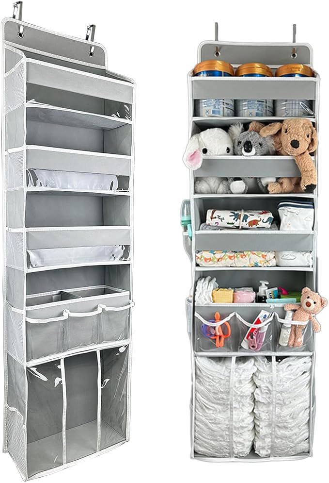 Door Hanging Storage Organizer,with 3 Bins 1 Movable Baby Diaper Caddy,1 Large capacity diaper stacking storage Organizer,10 Side Pockets ,Bedroom Door Storage for Nursery Baby Essentials.Grey 1 Pack. by EZVERY