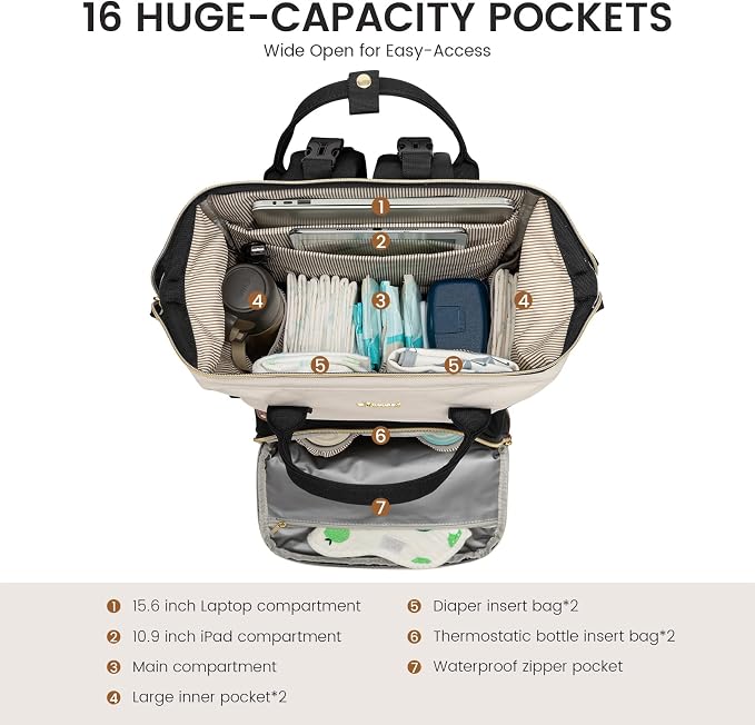 LOVEVOOK Diaper Bag Backpack, Baby Bag with Changing Station, Large Diaper Backpack for Mom Dads, Waterproof Mommy Bag for Boy and Girl, Travel Essential Baby Shower, Black-Beige - Image 2