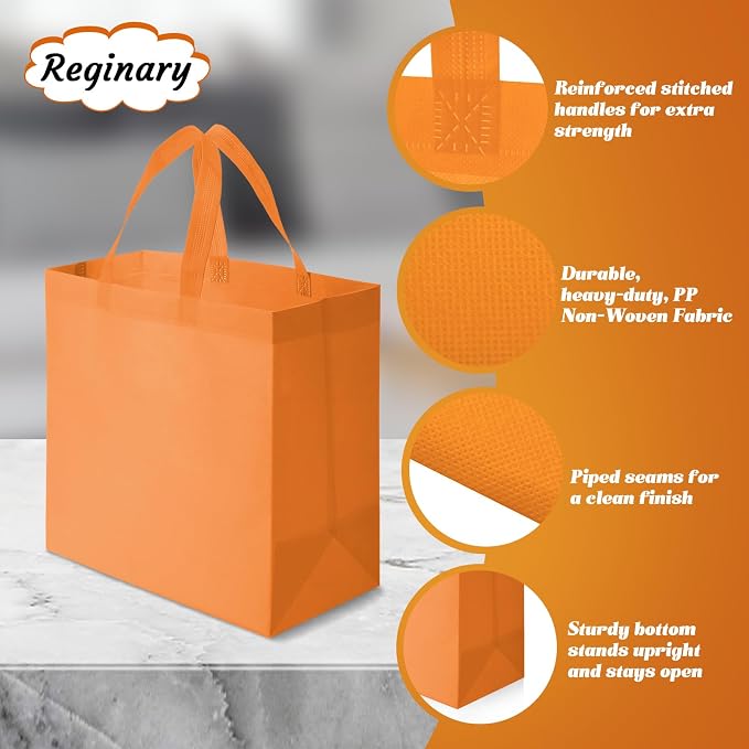 Reginary 100 PCS Non Woven Tote Bags Bulk,Orange | Reusable Shopping Bags with Handles, Stores, Groceries Markets, Events Gift, Party Supplies - Image 5