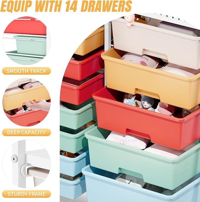 14 Drawer Rolling Storage Cart with Tabletop and Pegboard for Craft Color | Easy Setup, Large Capacity, Sturdy Build, Smooth Mobility, For classroom, office and dorm supplies - Image 4