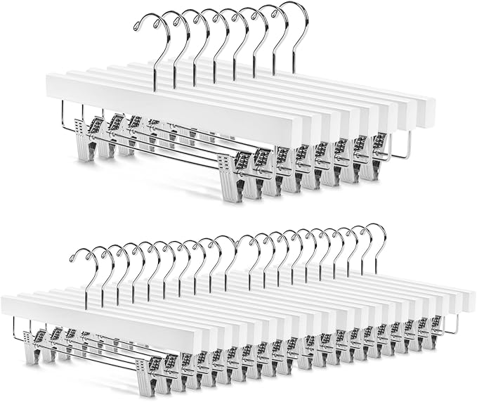 Nature Smile Deluxe Wooden Pants Hangers, White, Pack of 28 | Solid Wood Bottom, Jeans Hanger, Skirt Hanger, 2-Adjustable Clips by NatureSmile