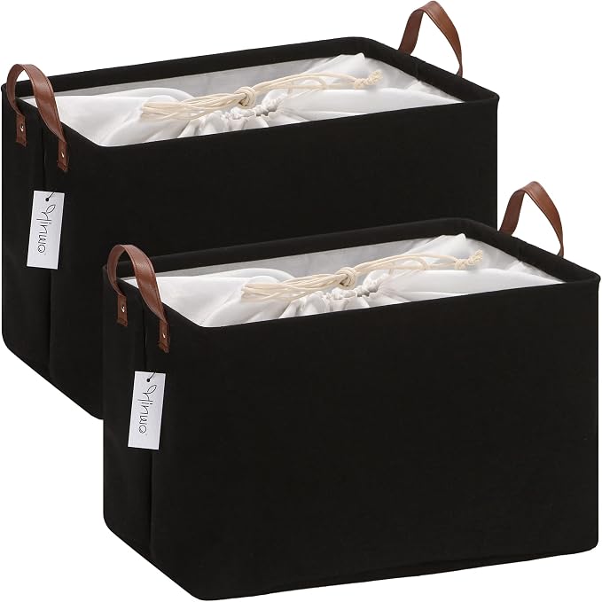 Hinwo 31L Large Canvas Storage Bin with Lid and Handles, 2-Pack | Collapsible Fabric Baskets, Closet Shelf Organizers, Containers for Clothing, Blankets, Toys, Bedding (Black) by Hinwo