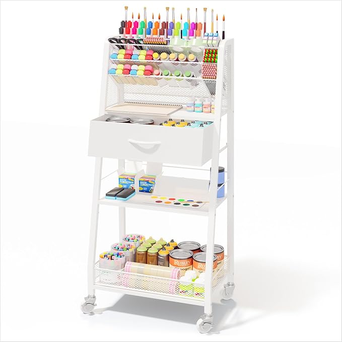 3 Tier Rolling Cart - Metal Utility Cart with Storage Drawer and Wheels, Versatile Art & Craft Organizer for Home, Office, or Studio - Ideal for Storing Brushes, Paints, and Supplies（White） by Homsorout