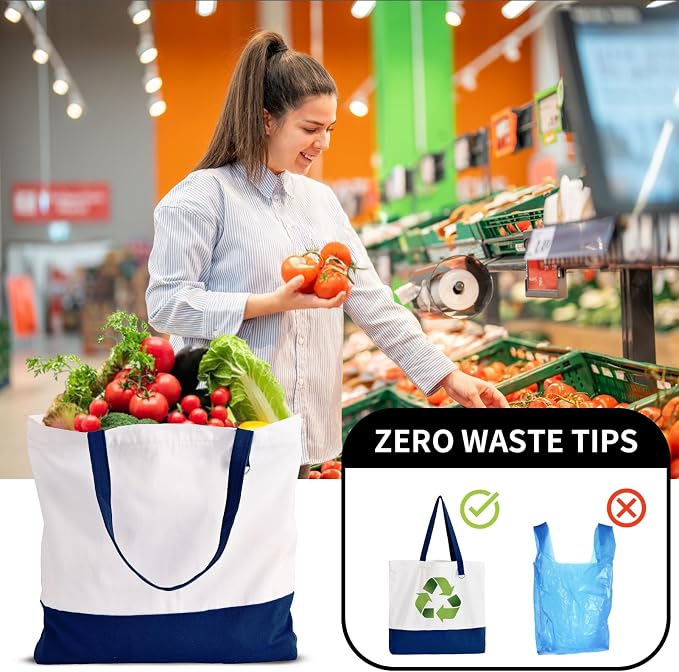 6-Pack Canvas Tote Bags with Zipper, Large Grocery Tote, Navy Blue | Reusable, washable, inner pocket, flat bottom, sturdy handle, for sublimation DIY/transfer, travel/beach/gift/Christmas craft - Image 7