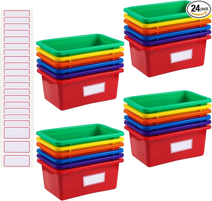 Outus 24 Pack Book Bins for Classroom Plastic Cubby Storage Bins Colored Kids Toy Organizer Container with 120 Pcs Self Adhesive Label for Student Teacher Library School Office Home(Rainbow Color) by Outus