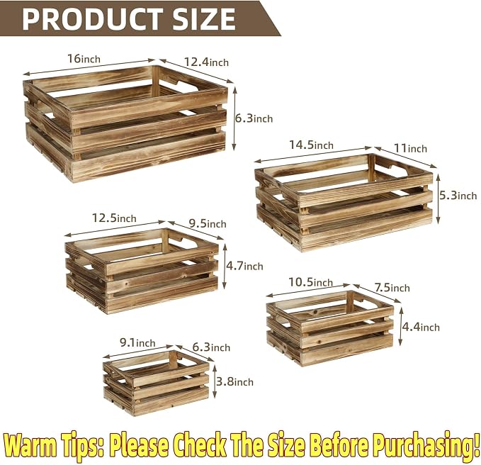 Set of 5 Large Wooden Crates, Nesting Storage Crate with Handles, Rustic Torched Brown Farmhouse Wooden Crates for Display, Wedding Birthday Home Party Living Room Kitchen Decoration - Image 2