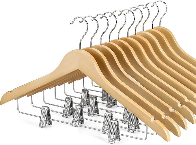 TOPIA HANGER Wooden Hangers with Adjustable Metal Clips and 360° Swivel Hook, Premium Wood Clothes Hangers 10 Pack for Suit, Pant, Skirt, Jeans, Coat, Jacket-CT28N by TOPIAHANGER
