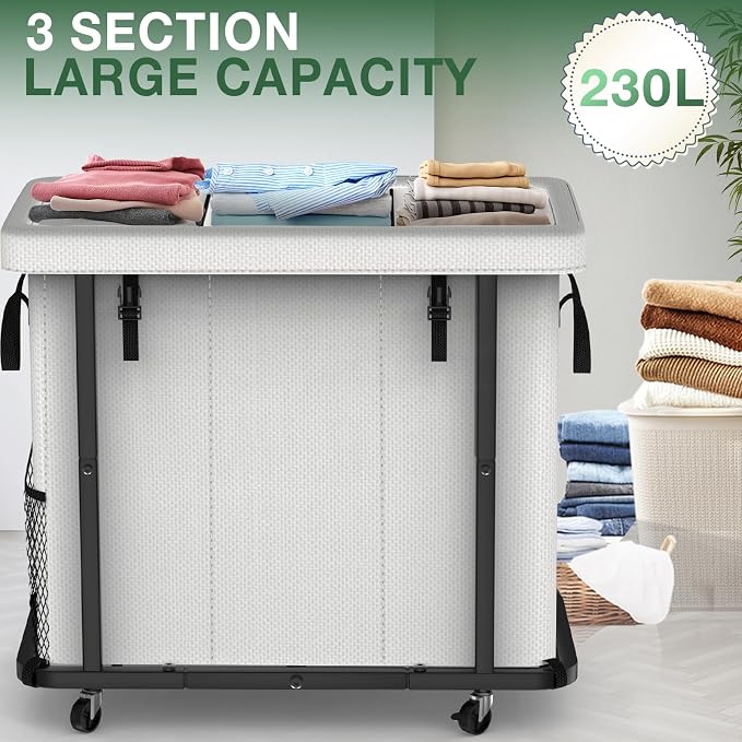 Laundry Basket with Lid, 230L Rolling Laundry Hamper with Wheels,White | Dirty Clothes Hamper with Metal Frame and Removable Bag Design, Suitable for Laundry Room, Bedroom(3 Section) - Image 2