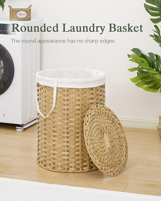 SETVSON Laundry Basket with Lid Round 29.1 Gal PE Rattan, Natural | Family Clothes & Blanket Trunk with Lid, Removable Liner Bag with Handles, 2 Mesh Wash Bags, Collapsible Steel Frame - Image 2