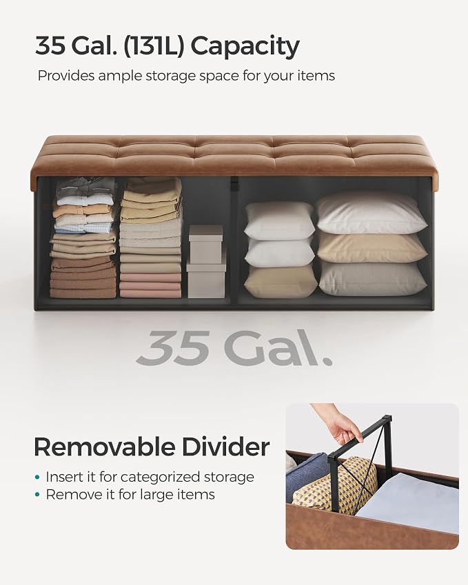 SONGMICS MAZIE Collection - 43 Inches Storage Ottoman Bench with Flipping Lid, Storage Chest with Iron Frame Support, Load 660 lb, for Living Room, Bedroom, Synthetic Leather, Coffee Brown ULSF075K01 - Image 6