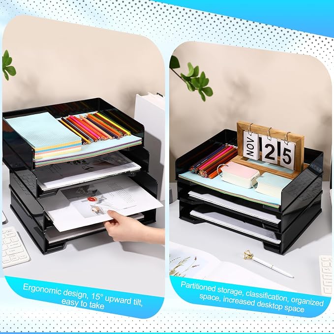 DoubleFill 4 Pcs Stackable Letter Tray Plastic Paper Tray, Black | 13 x 9.5 x 2.6 In, Rectangular, Paper Holder, File Tray for Desktop Office Desk Drawers - Image 6