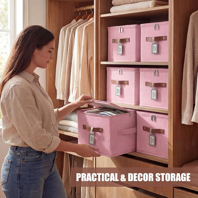 6 Pack Fabric Bins with Lids, 10 x 8 x 7 Inch Fabric Storage Bins with Zipper Lids and Labels, Decorative Foldable Storage Cubes with Handles for Closet Nursery Shelf Organization, Pink - Image 6