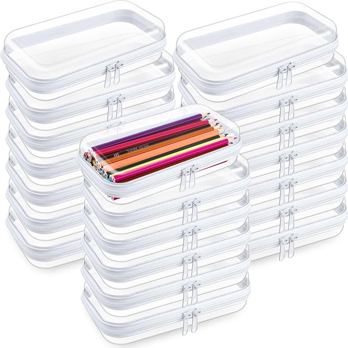 20 Pcs Clear Hard Zipper Case Bulk Hard Shell Plastic Pouch Transparent Double Zippers Toy Storage Organizer Bins for Building Blocks, Puzzles, Cosmetics(7.48 x 2.94 x 2 Inch) by Qiyaz