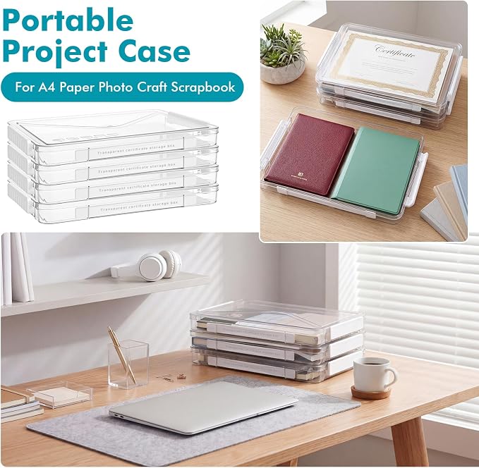 3 Pack Plastic Storage Bin with Lid, Portable Project Case with Handle | 14" x 9", Heavy Duty Clear Storage Box, Stackable File Document Protector Container, Sturdy Project Case for A4 Letter Paper - Image 7