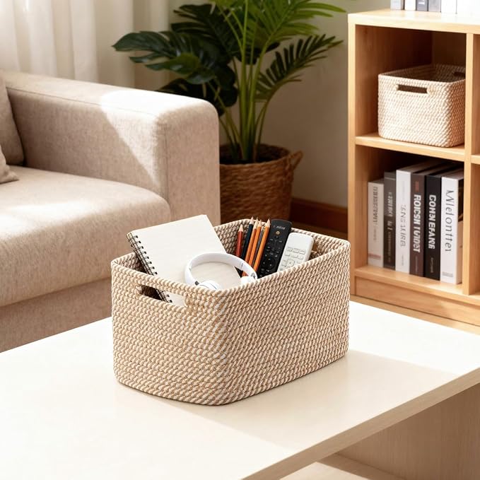 5 Pack Woven Storage Baskets, Decorative Storage Bins for Organizing | 13.8'' × 9.8'' × 7.9'', Cotton Rope Basket Organizer for Closet, Shelves, bathroom, Nursery, Toys, Books, Pantry, Khaki - Image 7