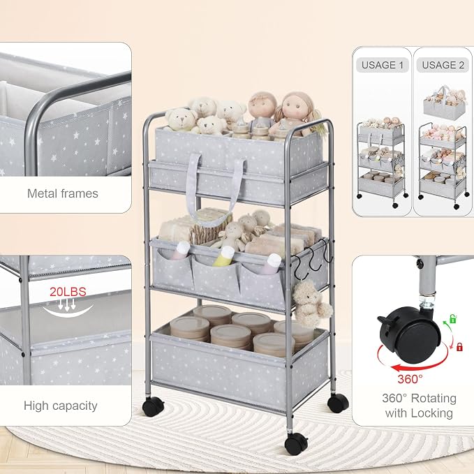 Yookeer 2in1 Baby Diaper Caddy Organizer Cart 3 Tier Large Capacity Metal Utility Bedside Rolling Cart with Divider Newborn Registry Gift Nursery Essential Must Have Bedroom Baby Shower(Gray,Star) - Image 3
