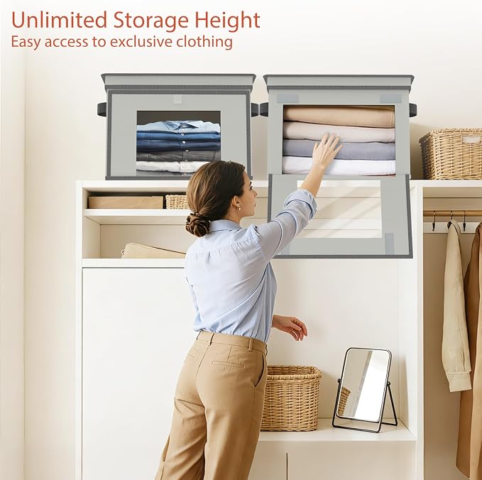 Univivi Front Opening Storage Bins with Lids for Home, Gray, 4 Pack | Foldable Fabric Storage Boxes, Large Closet Organizers and Storage with Clear Window & Handles for Clothing Storage - Image 2