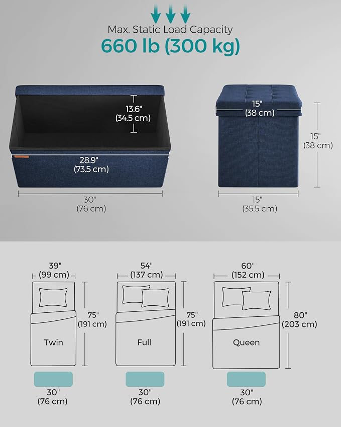 SONGMICS 30 Inches Storage Ottoman, Foldable Bench with Flipping Lid | Storage Bench, 661.4 lb Load Capacity, for Entryway, Living Room, Bedroom, Midnight Blue, MINOTA Collection ULSF046Q02 - Image 3