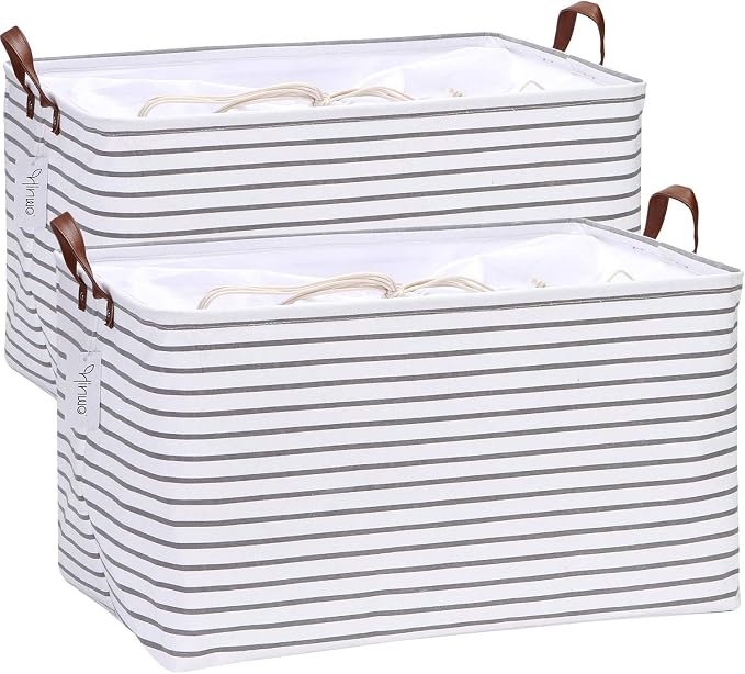 Hinwo 2-Pack Extra Large Canvas Fabric Storage Baskets with Handles, 70L Oversized Storage Bins, Collapsible Storage Box, Clothes, Toys, Blankets Organizers, 22 x 15 x 13 inches, (Grey Stripe) by Hinwo