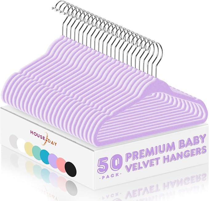 HOUSE DAY 11 Inch Velvet Baby Hangers, Premium Kids Hangers Lt-Purple 50 PC | Durable Non Slip Baby Felt Hanger for Children/ Infant/ Toddler Closet, Ideal Small Hanger for Clothing Storage Everyday Use by HOUSEDAY