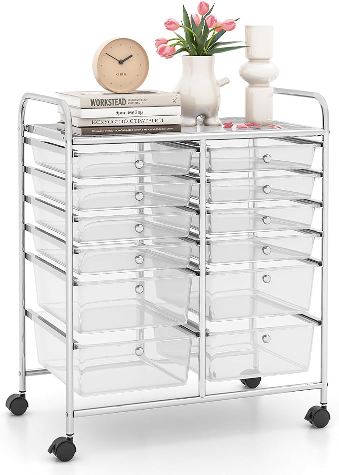 12 Drawer Rolling Storage Cart, Craft Cart Organizer on Wheels w/Metal Frame, Large Capacity & Smooth Drawer, Rolling Cart w/Drawers for Classroom, Office by LDAILY