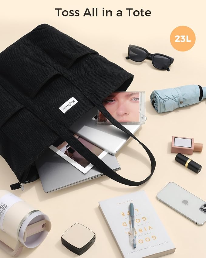 LONG VACATION Corduroy Tote Bag for Women, 16 Pockets Large Work Laptop Bag | 15.6" Laptop Compartment, 40oz Cup Holder, Lightweight, Washable, Teacher Nurse Bag for Office School Travel Gym College - Image 3