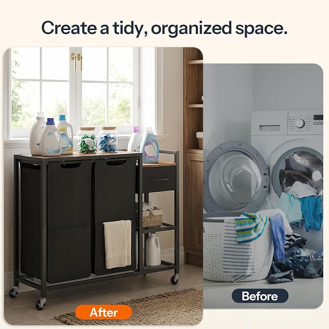 HOOBRO 2 Section Laundry Sorter with Shelf, 24 Gal. (90.8 L) Laundry Hamper with Wheels, Rolling Laundry Basket with Fabric Drawer, 3-Tier Shelves, Side Pockets, Black and Rustic Brown BF27XY01 - Image 4