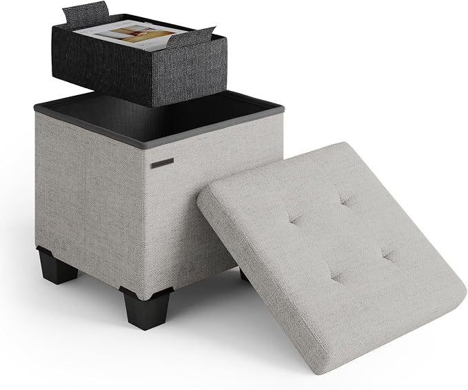Storage Ottoman Cube with Small Bin, 15-in Square Ottoman with Storage for Living Room and Bedroom, Small Ottomans Foot Rest, Fabric Foot Stools Ottomans Max 330lbs, Light Grey by STORAGEBUD