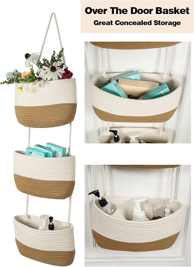Over the Door Organizer, Honizer Wall Hanging Storage Basket, 3-Tier Cotton Rope Woven Hanging Baskets for Organizing, Nursery, Bedroom, Bathroom, Living Room- Jute&White (3 Hooks included) - Image 2