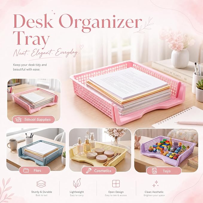Tenceur 6 Pcs Turn in Trays Classroom, Pastel Stackable Paper Trays for Classroom Plastic Storage Baskets Teacher Organizers for Library Drawers Office Desk, 13.3 x 9.5 x 2.7 Inches - Image 4