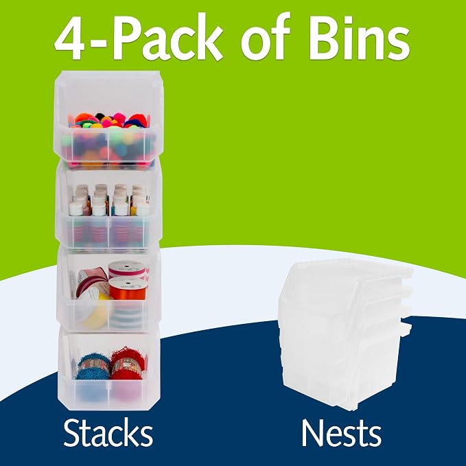 Medium-Tall Stackable Plastic Storage Bins, 4-Pack, Clear | Open-Front Stackable Bins For Garage, Pantry, Closet & Office, 7"L X 11"W X 8"H, Nests When Empty, Durable Plastic - Image 3