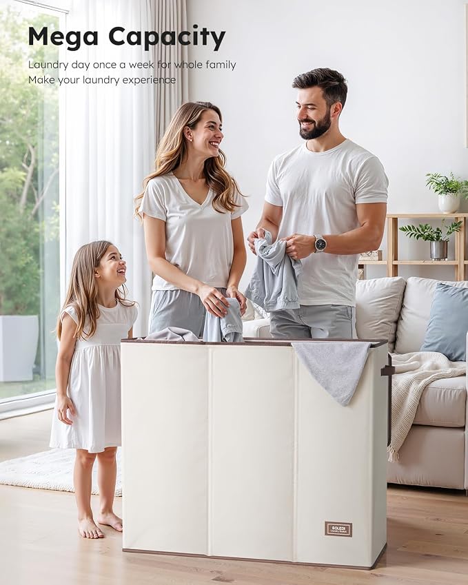 SOLEDI Large Laundry hamper 3 Section with Laundry Bag, XL Clothes Basket | 3-Section Large capacity Laundry Sorter with Odor-Blocking Lid, Robust Iron Frame & Waterproof 600D Fabric, 3 Washable Bags - Image 3
