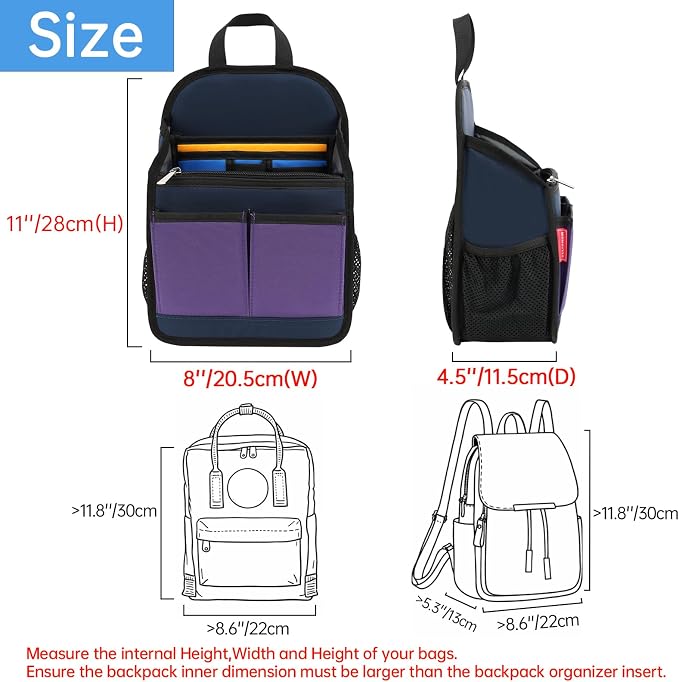 Mini Premium Rugged Backpack Purse Organizer Insert for Women Fashion Small Backpack-19 Pockets,Padded Water-repellent Nylon-Mix - Image 4